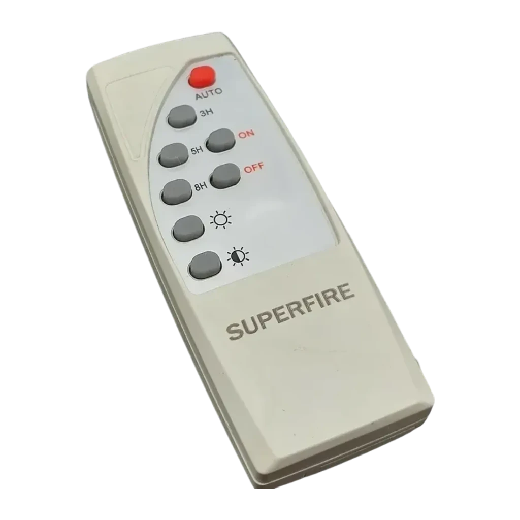 Lámpara solar Superfire 1200lm 120m² FF5-C, detalle: mando a distancia con botones AUTO, temporizadores 3H 5H 8H, ON OFF