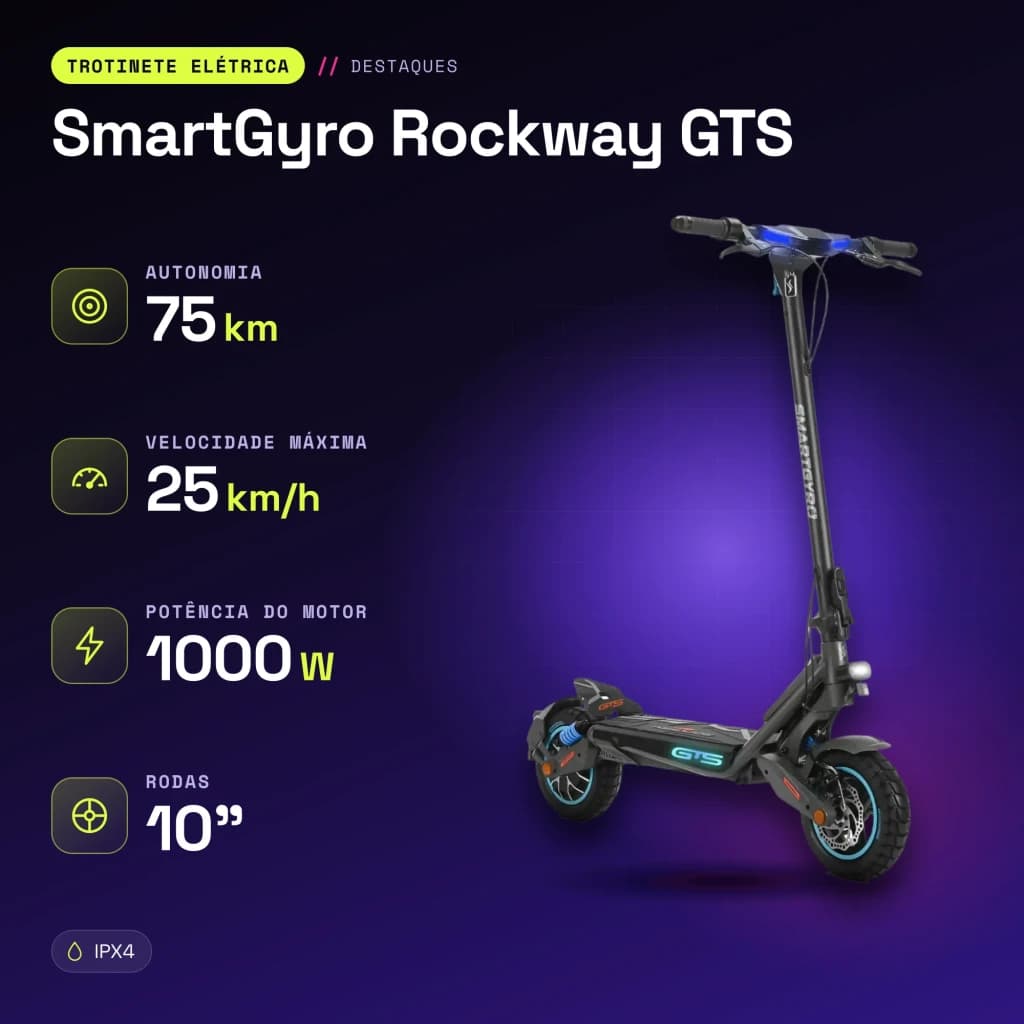 Patinete Eléctrico SmartGyro Rockway GTS 1000W 75km 25km/h 10 pulgadas Negro - características