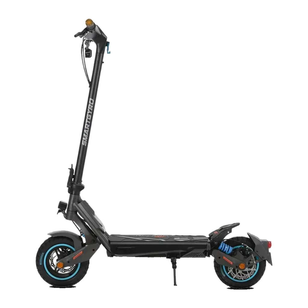 Patinete Eléctrico SmartGyro Rockway GTS 1000W 75km 25km/h 10 pulgadas Negro, detalle lateral: ruedas con aro azul, frenos