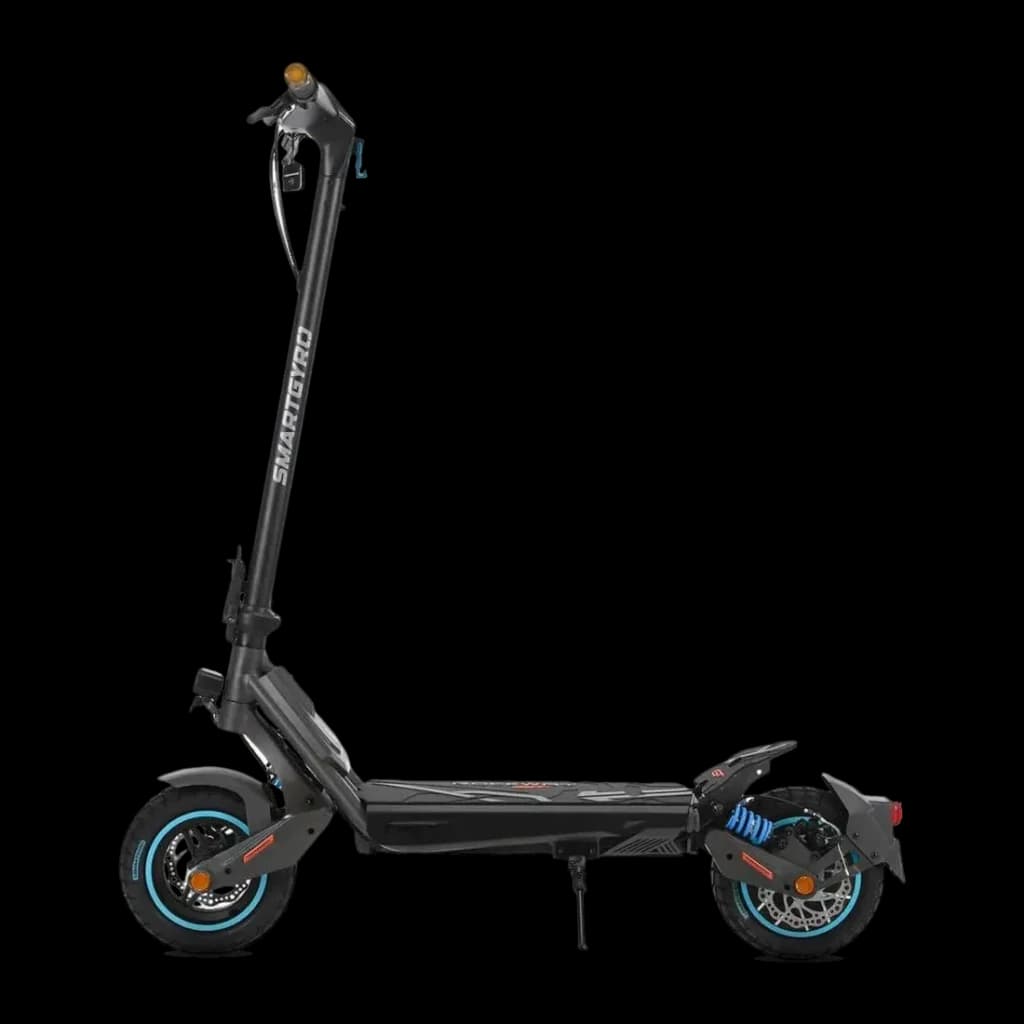 Patinete Eléctrico SmartGyro Rockway GTS 1000W 75km 25km/h 10 pulgadas Negro, detalle lateral: ruedas con aro azul, frenos