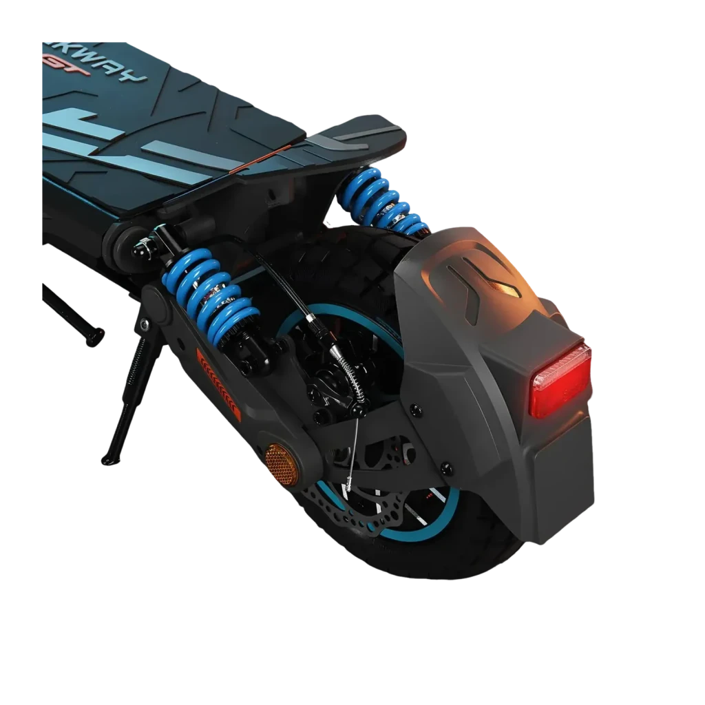 Patinete Eléctrico SmartGyro Rockway GTS 1000W 75km 25km/h 10 pulgadas Negro, vista trasera: doble amortiguador azul, freno