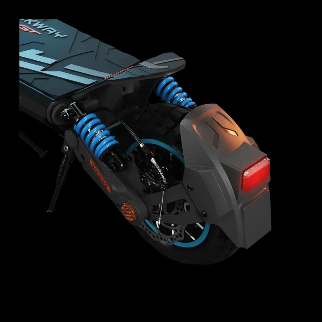 Patinete Eléctrico SmartGyro Rockway GTS 1000W 75km 25km/h 10 pulgadas Negro, vista trasera: doble amortiguador azul, freno