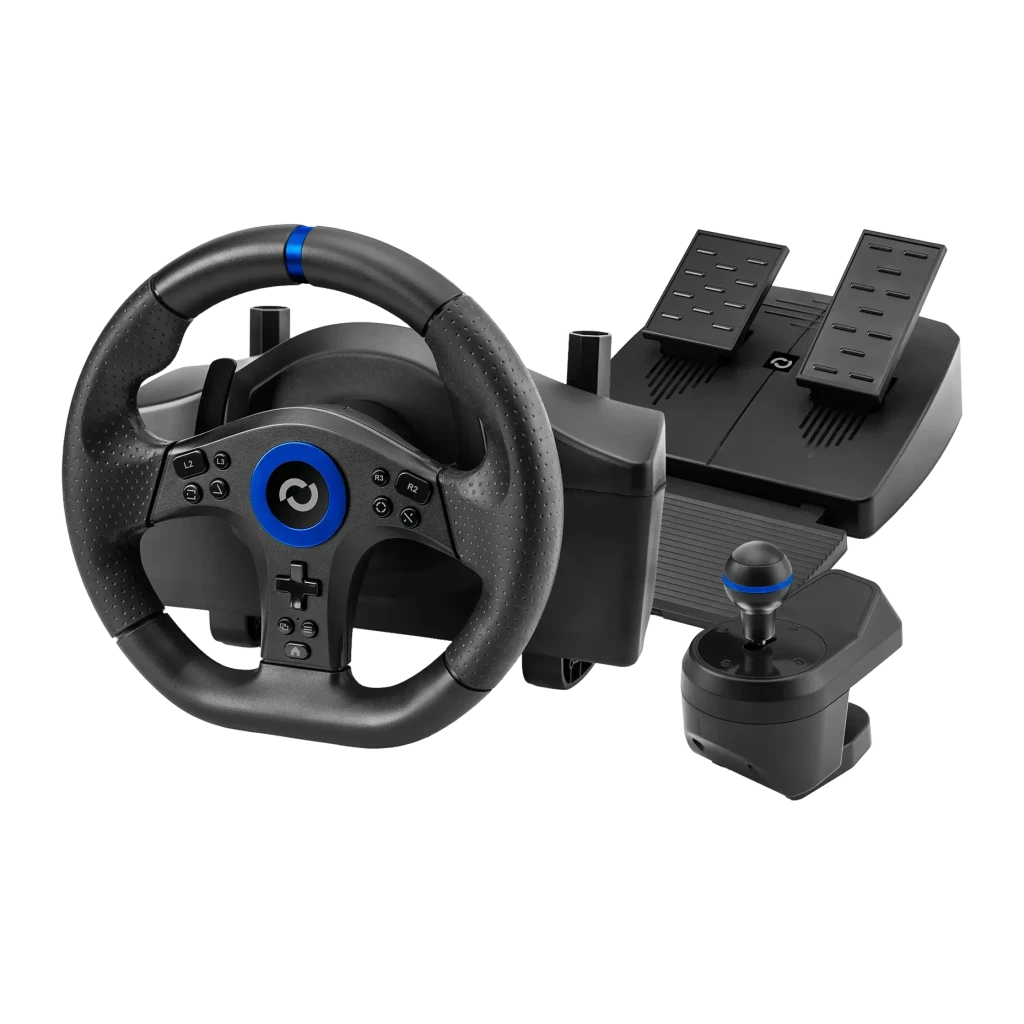 Volant de course Blade BR5 Vibration par retour PS5/PC Noir, vue de face: volant à anneau bleu, pédalier et levier