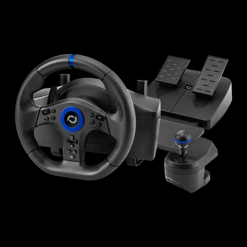 Volant de course Blade BR5 Vibration par retour PS5/PC Noir, vue de face: volant à anneau bleu, pédalier et levier