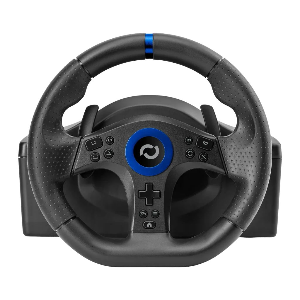 Volant de course Blade BR5 Vibration par retour PS5/PC Noir, détail face avant: jante perforée, anneau bleu central