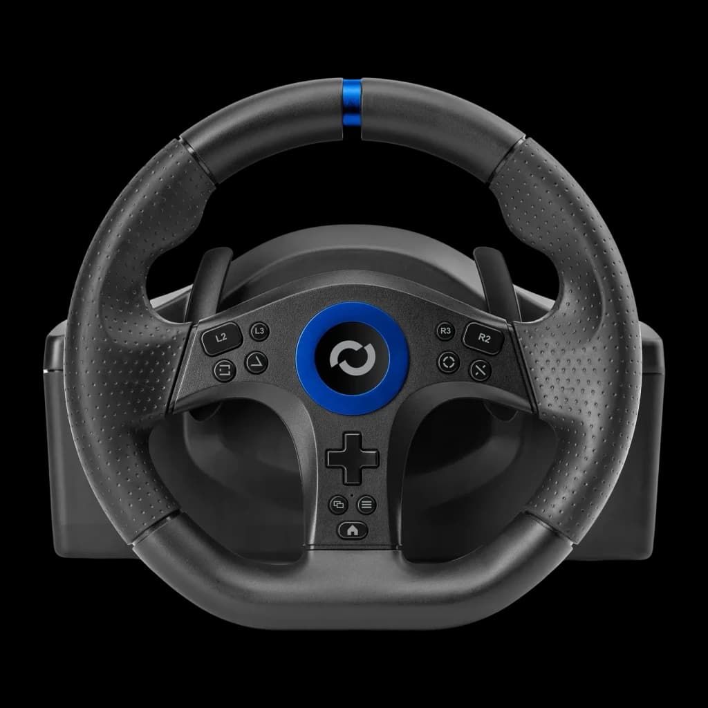 Volant de course Blade BR5 Vibration par retour PS5/PC Noir, détail face avant: jante perforée, anneau bleu central