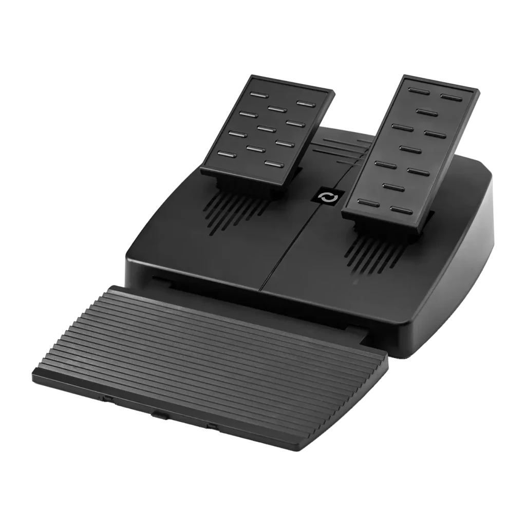 Volant de course Blade BR5 Vibration par retour PS5/PC Noir, détail: pédales à surface striée et repose-pied amovible en vue