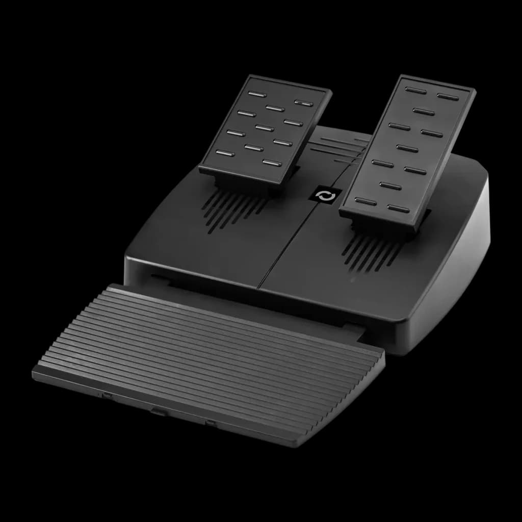 Volant de course Blade BR5 Vibration par retour PS5/PC Noir, détail: pédales à surface striée et repose-pied amovible en vue