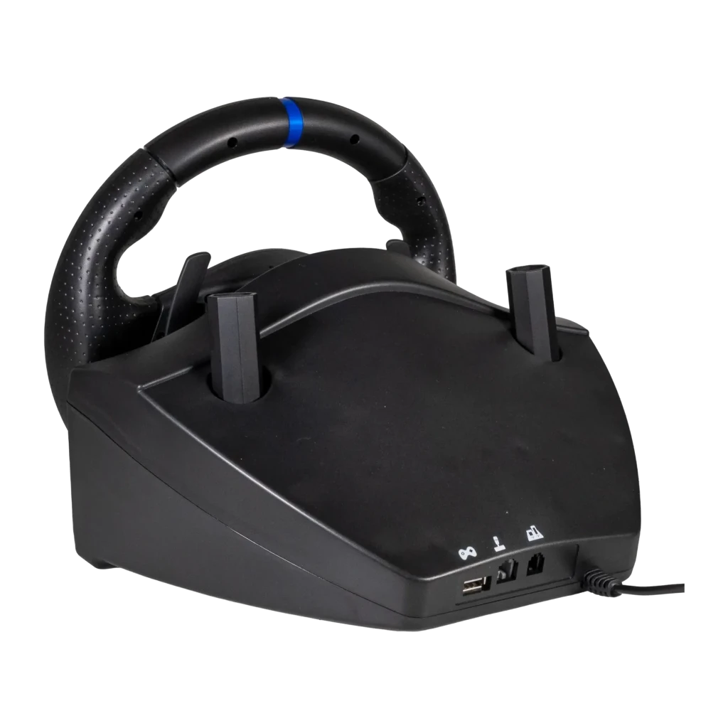Volant de course Blade BR5 Vibration par retour PS5/PC Noir, vue arrière: ports USB et connecteur sur la base, détail bleu