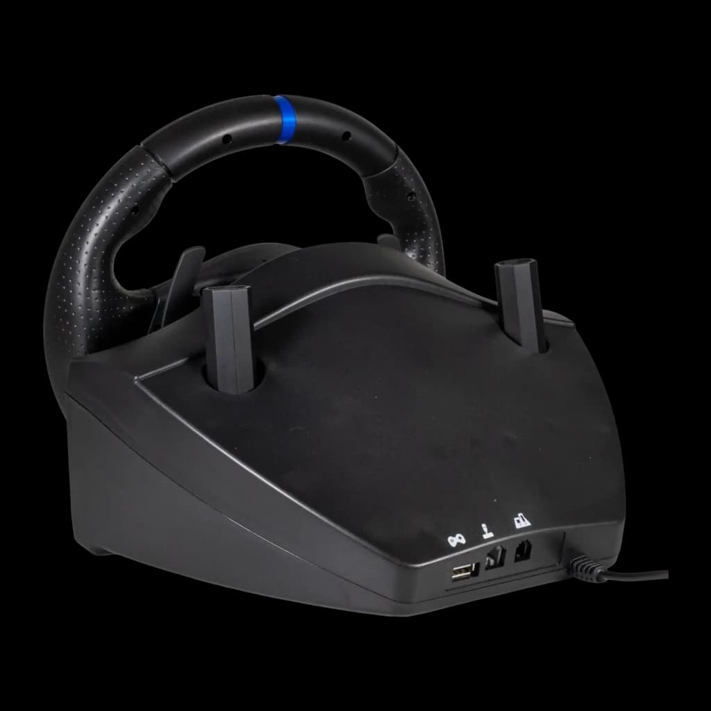 Volant de course Blade BR5 Vibration par retour PS5/PC Noir, vue arrière: ports USB et connecteur sur la base, détail bleu