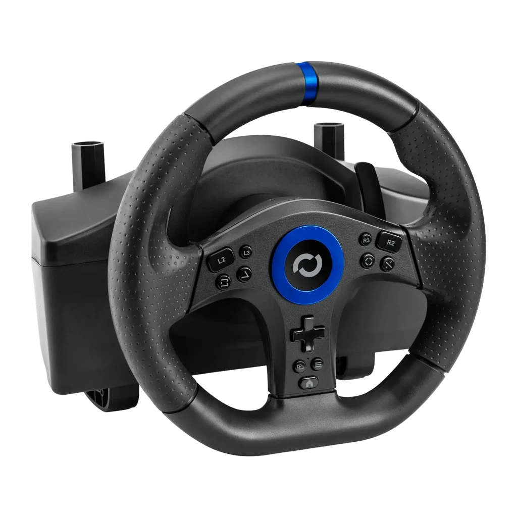 Volant de course Blade BR5 Vibration par retour PS5/PC Noir, détail: boutons centraux, anneau bleu et fixation latérale vus