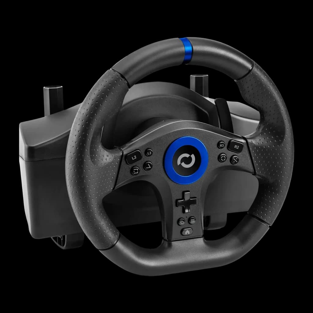 Volant de course Blade BR5 Vibration par retour PS5/PC Noir, détail: boutons centraux, anneau bleu et fixation latérale vus