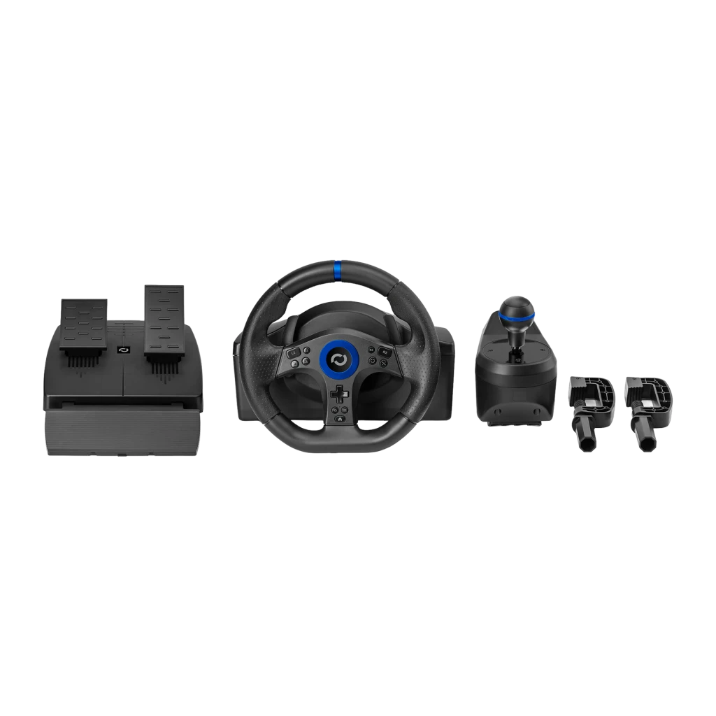 Volant de course Blade BR5 Vibration par retour PS5/PC Noir, vue ensemble: volant, pédales et levier de vitesses sur fond