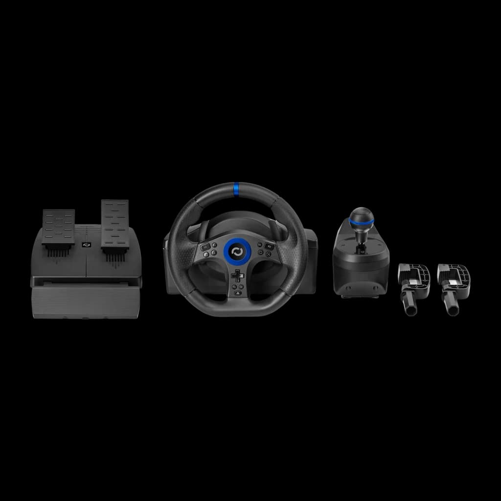 Volant de course Blade BR5 Vibration par retour PS5/PC Noir, vue ensemble: volant, pédales et levier de vitesses sur fond