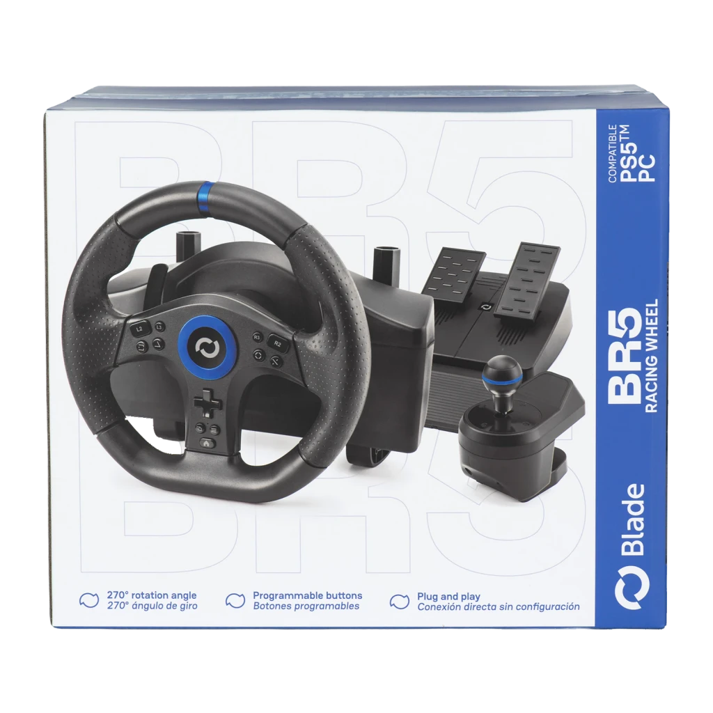 Volant de course Blade BR5 Vibration par retour PS5/PC Noir, boîte face avant: volant, pédales et levier de vitesses visibles