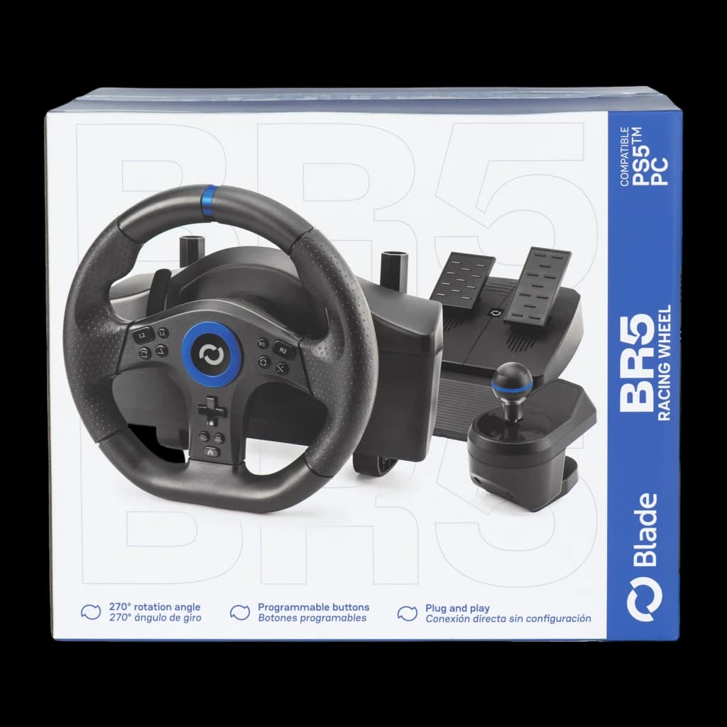 Volant de course Blade BR5 Vibration par retour PS5/PC Noir, boîte face avant: volant, pédales et levier de vitesses visibles