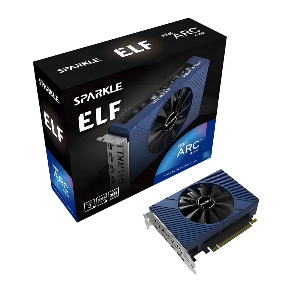 Sparkle Arc A380 ELF 6GB GDDR6, conteúdo da caixa: placa gráfica azul com ventoinha e caixa preta ELF