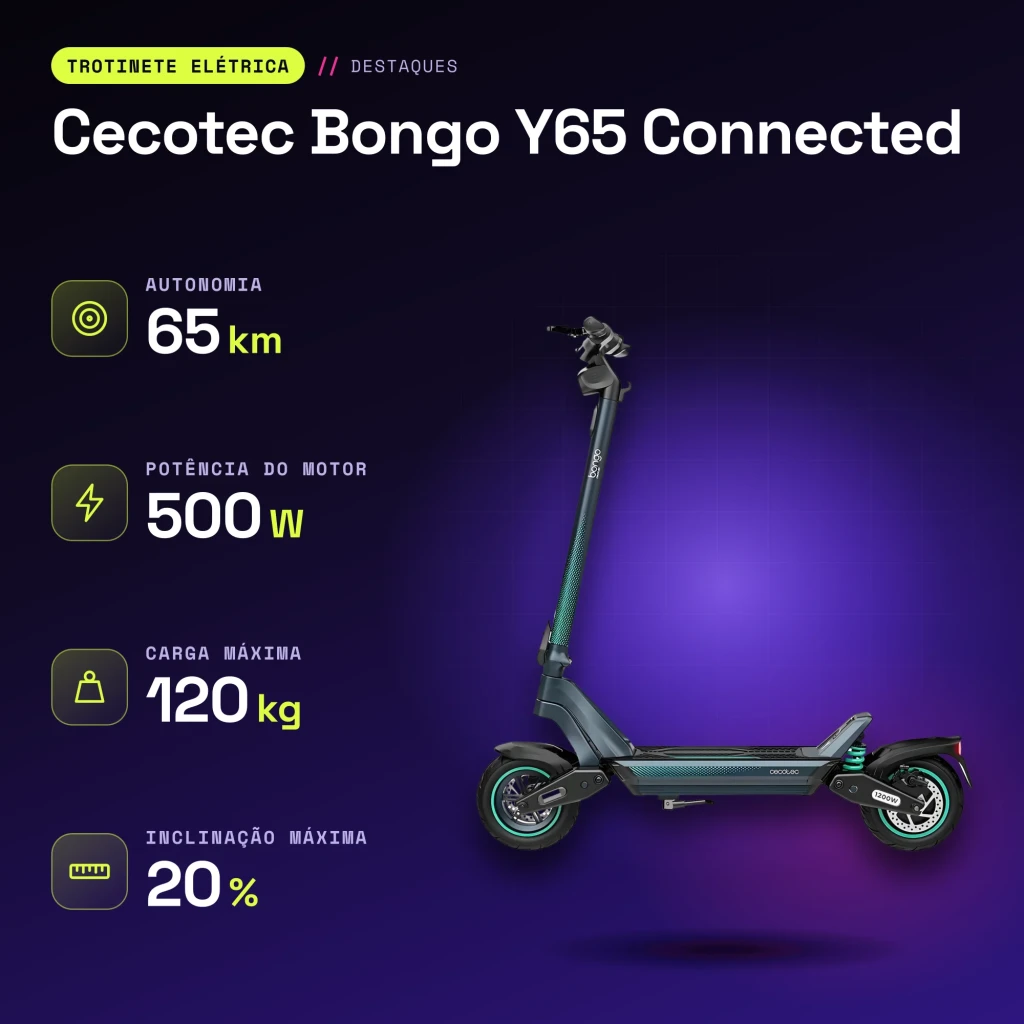 Patinete Eléctrico Cecotec Bongo Y65 Connected 500W 65km 25km/h 10 pulgadas Negro/Verde Azulado - características