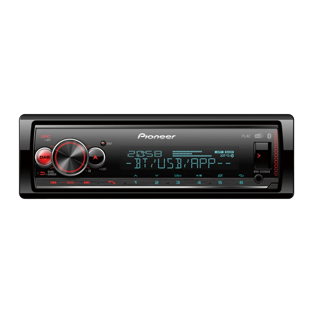 Autorradio Pioneer Negro Android Auto 1 DIN Bluetooth MVH-S520DABAN, vista frontal: pantalla azul BT/USB/APP, mando DAB rojo