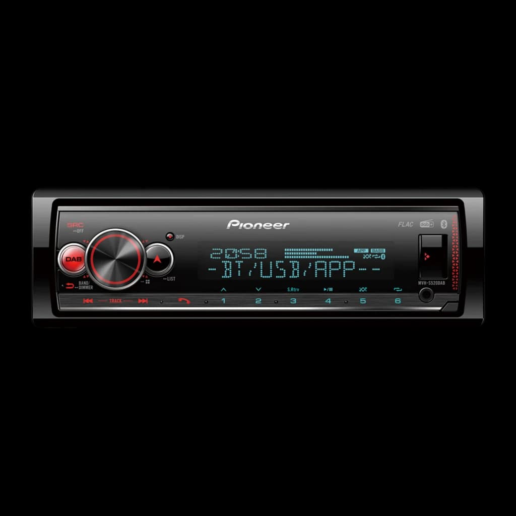 Autorradio Pioneer Negro Android Auto 1 DIN Bluetooth MVH-S520DABAN, vista frontal: pantalla azul BT/USB/APP, mando DAB rojo