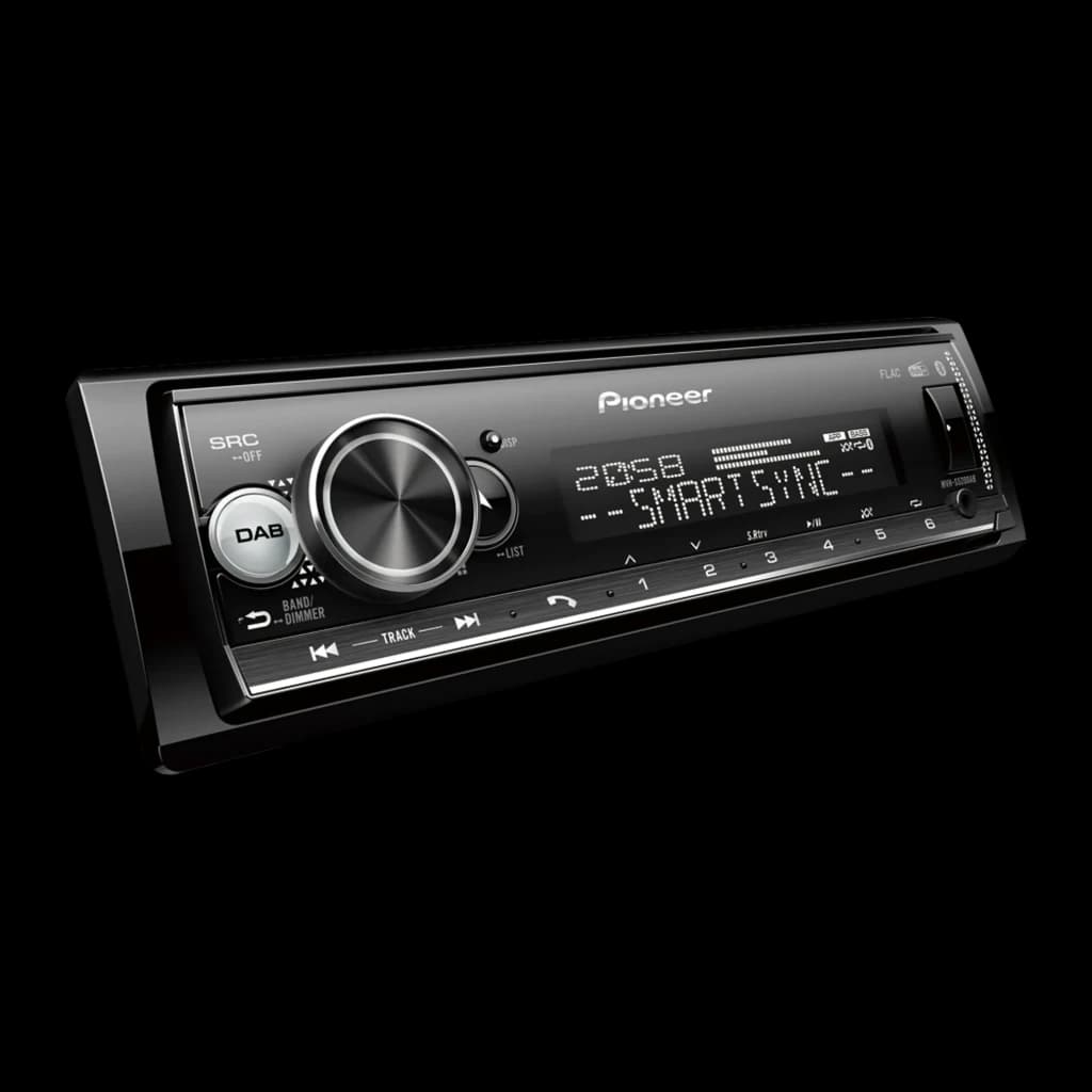 Autorradio Pioneer Negro Android Auto 1 DIN Bluetooth MVH-S520DABAN, detalle: pantalla iluminada con texto SmartSync, mando