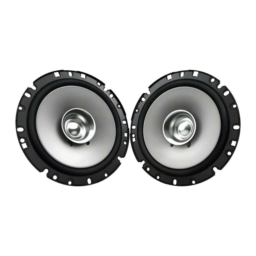 Altavoces de coche Kenwood 2 vías 30W RMS KFC-S1757, vista frontal: par de altavoces con membrana gris y tweeter central