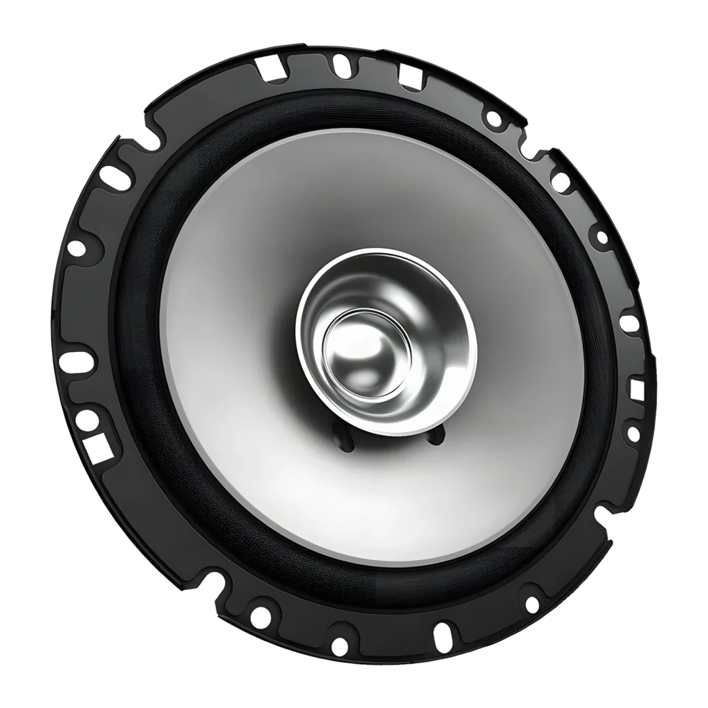 Altavoces de coche Kenwood 2 vías 30W RMS KFC-S1757, detalle frontal: cono gris plateado y tweeter central metálico