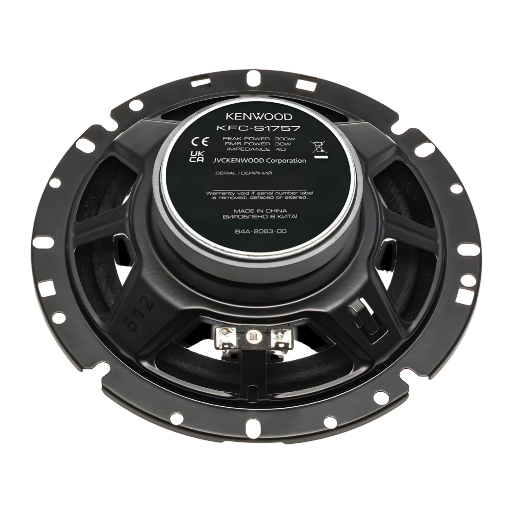 Altavoces de coche Kenwood 2 vías 30W RMS KFC-S1757, vista trasera: imán central, terminales de conexión y etiqueta