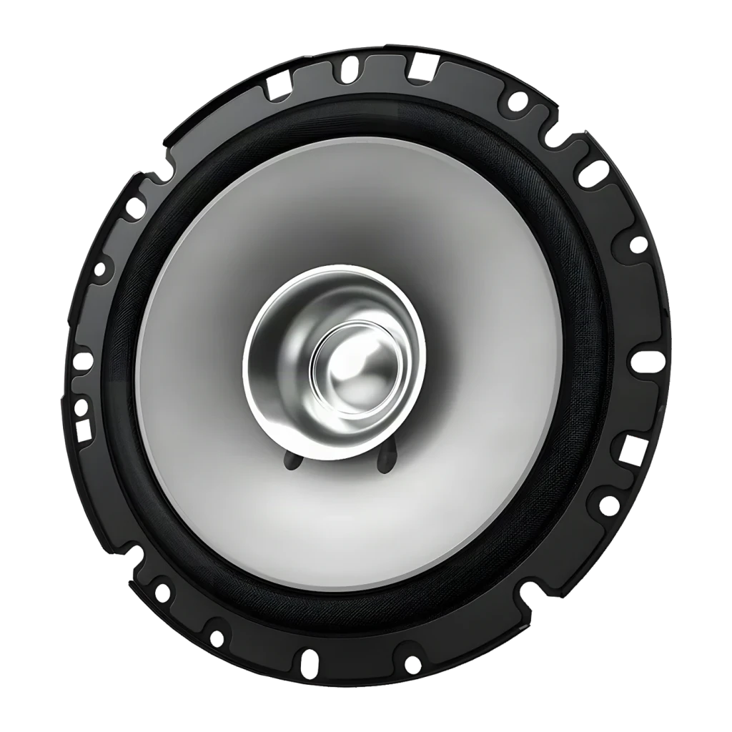 Altavoces de coche Kenwood 2 vías 30W RMS KFC-S1757, detalle: cono gris y tweeter central metálico con marco negro dentado
