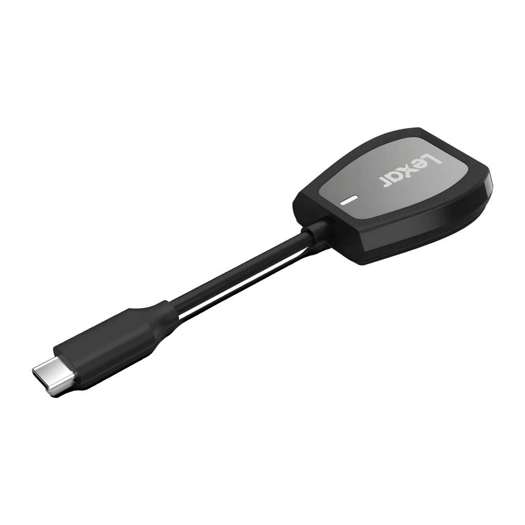 Lecteur de cartes Lexar Dual-Slot SD/microSD Memory Card Reader USB-C LRW470U, vue arrière: panneau supérieur gris avec logo