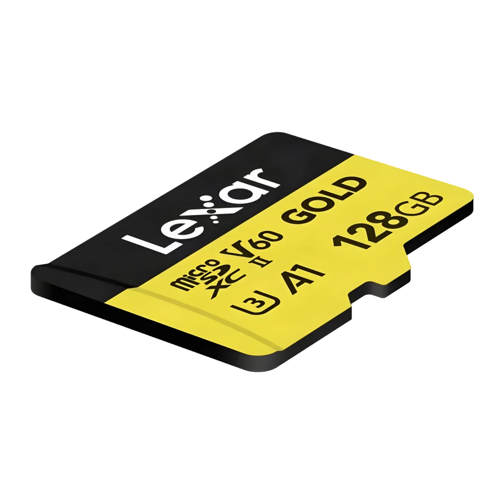 Carte microSD Lexar Professional Gold microSDXC 128Go V60 U3 UHS-II, détail: vue en angle de la face avant jaune et noire