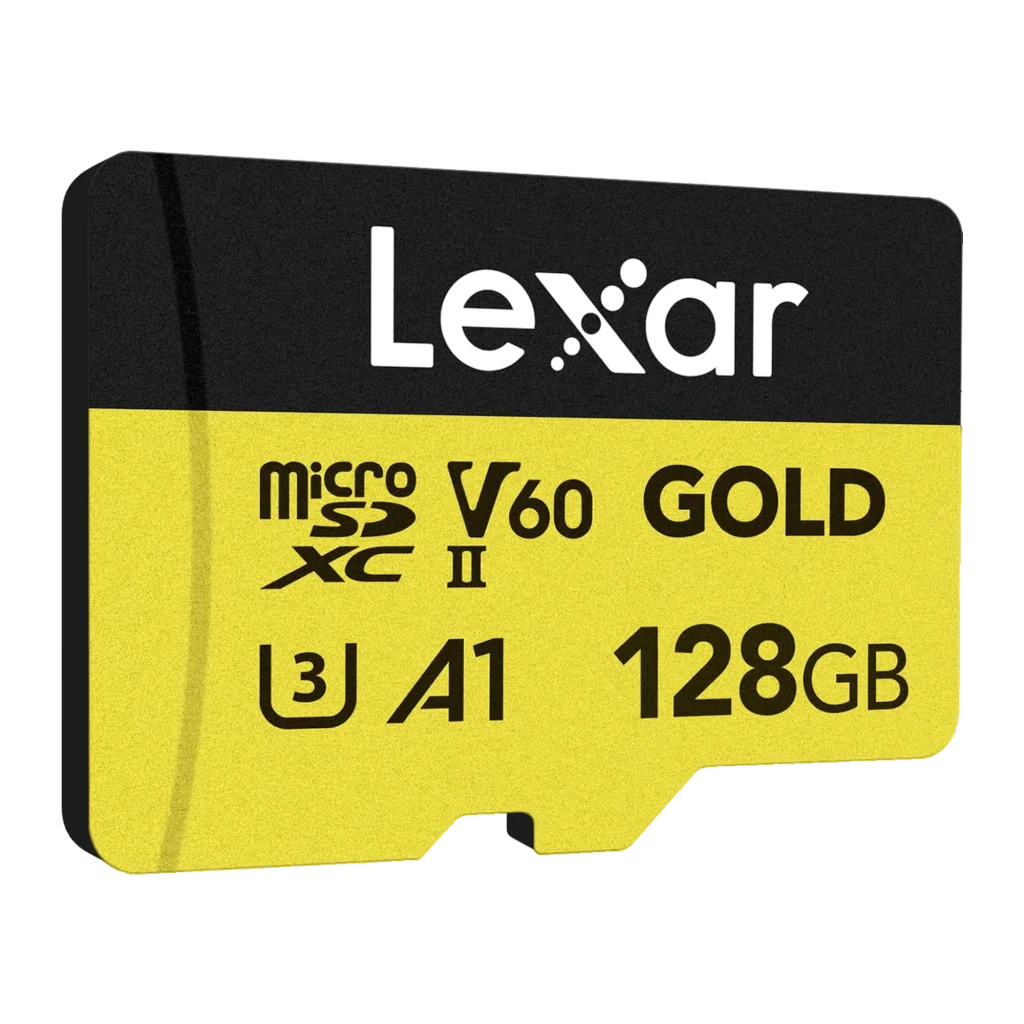 Carte microSD Lexar Professional Gold microSDXC 128Go V60 U3 UHS-II, détail: vue de face en angle, design bicolore noir