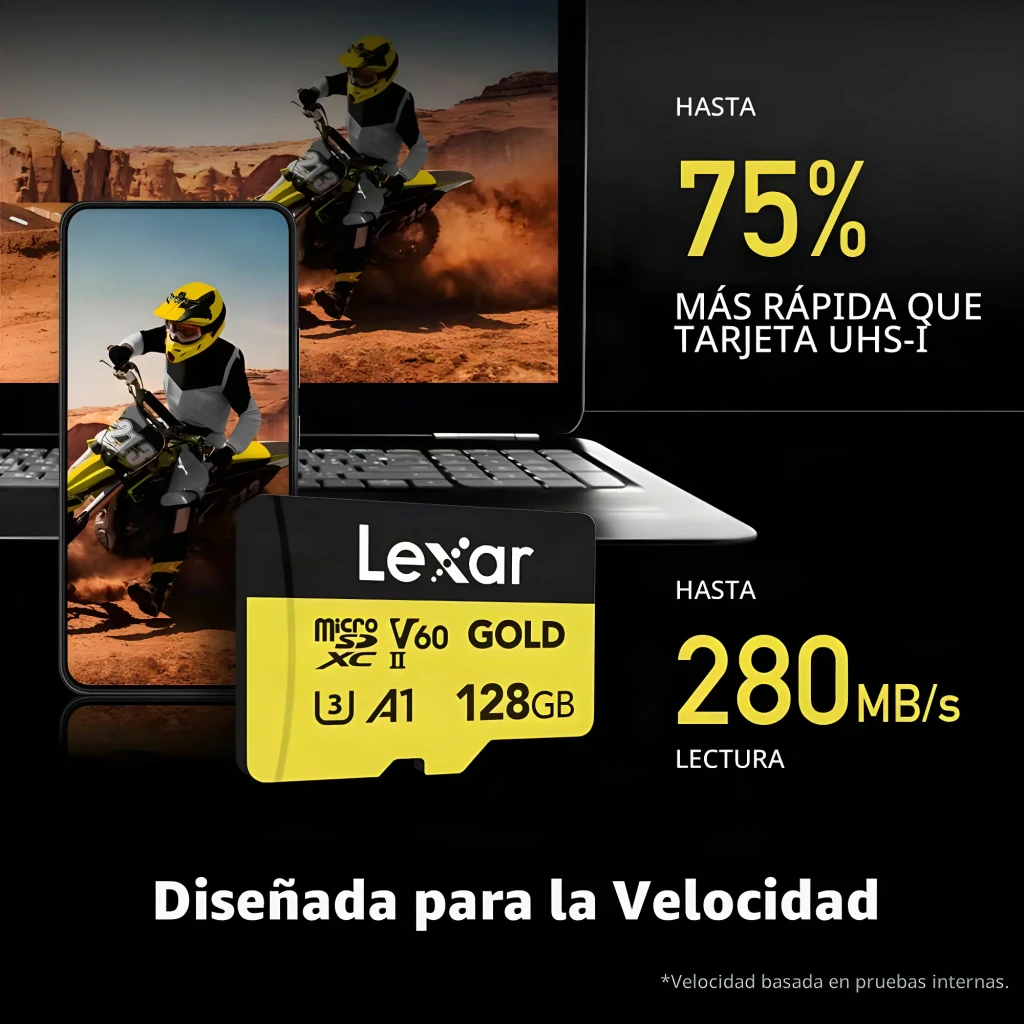 Carte microSD Lexar Professional Gold microSDXC 128Go V60 U3 UHS-II, infographie: lecture 280Mo/s, 75% plus rapide
