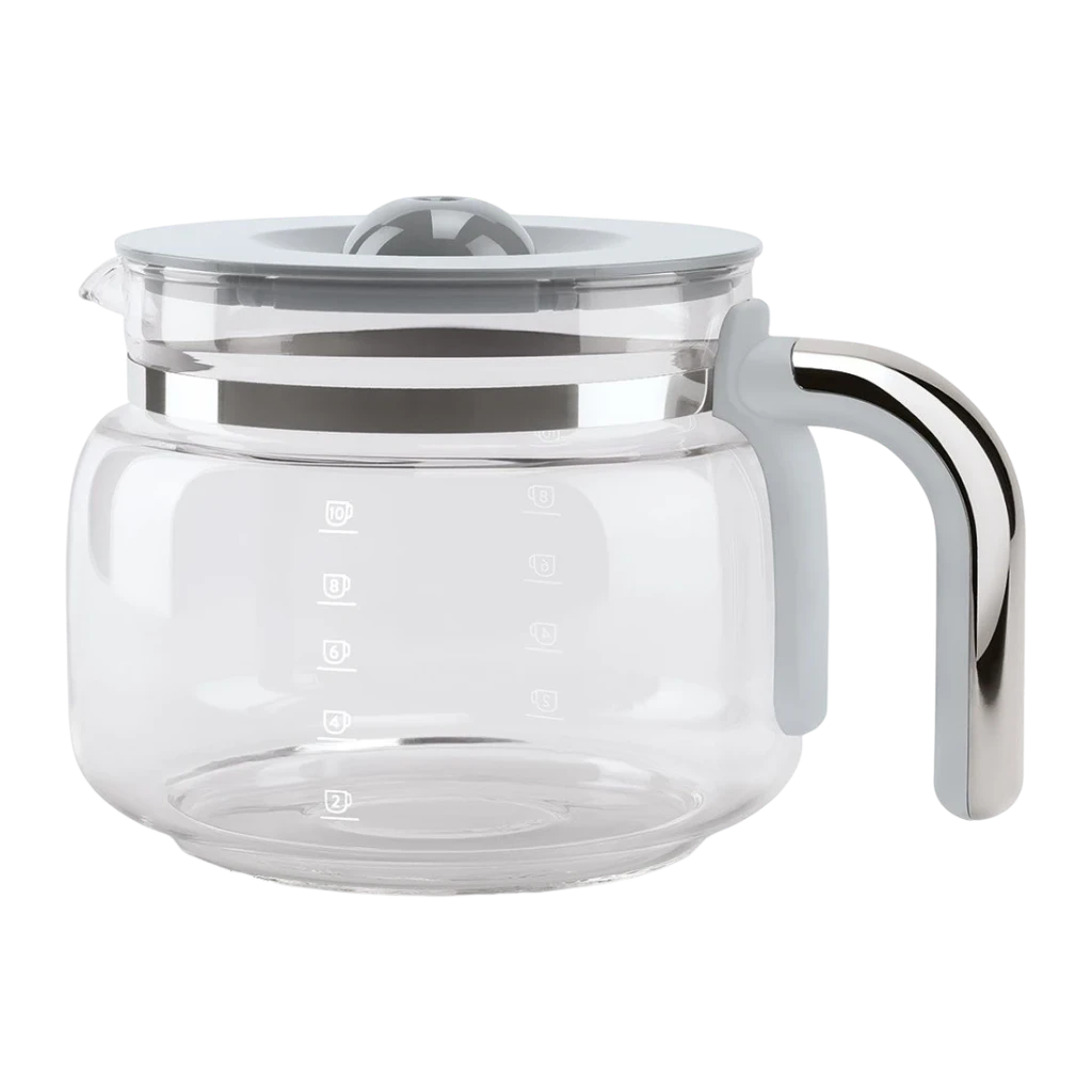Cafetière filtre Smeg 1,4L 10 tasses 1050W Bleu DCF02PBEU, détail: carafe en verre avec couvercle bleu pâle, anse chromée