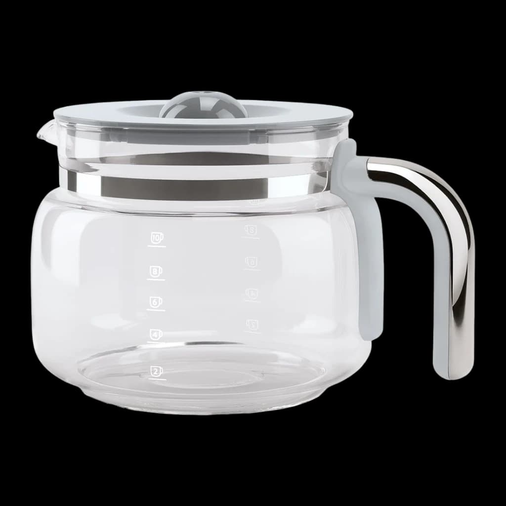 Cafetière filtre Smeg 1,4L 10 tasses 1050W Bleu DCF02PBEU, détail: carafe en verre avec couvercle bleu pâle, anse chromée