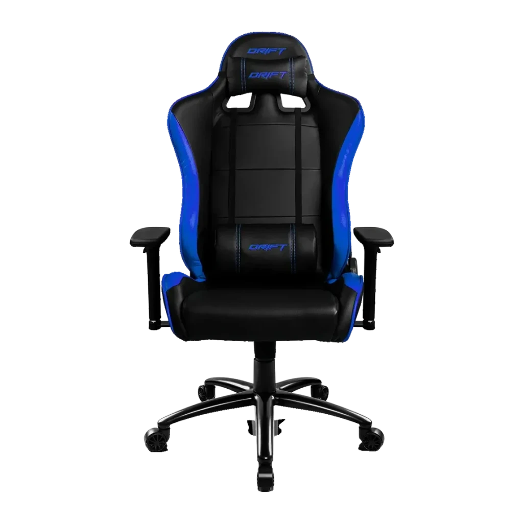 Silla Gaming DRIFT DR200 Negro/Azul PU 4D 150kg, detalle frontal: logo DRIFT en cabezal y lumbar, costuras azules y base