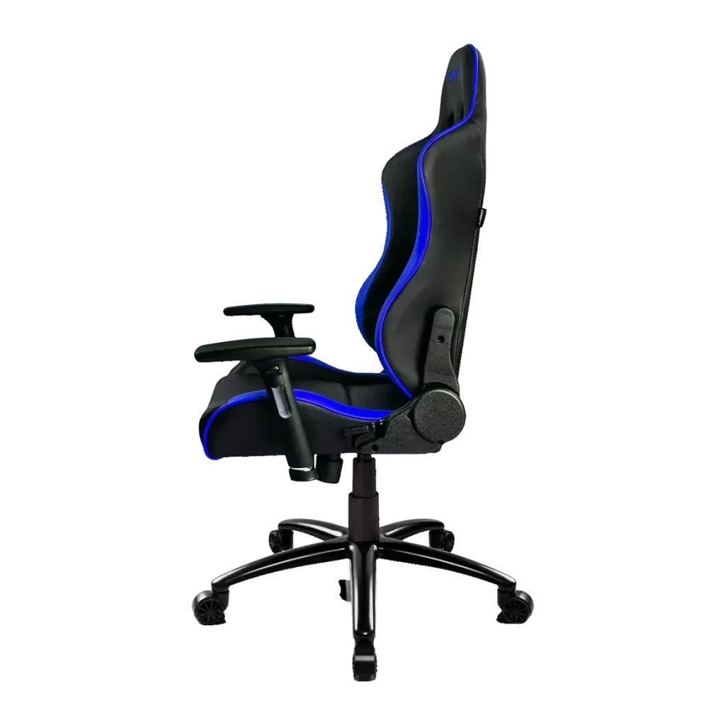 Silla Gaming DRIFT DR200 Negro/Azul PU 4D 150kg, detalle lateral: perfil completo con ribete azul, reposabrazos 4D y base