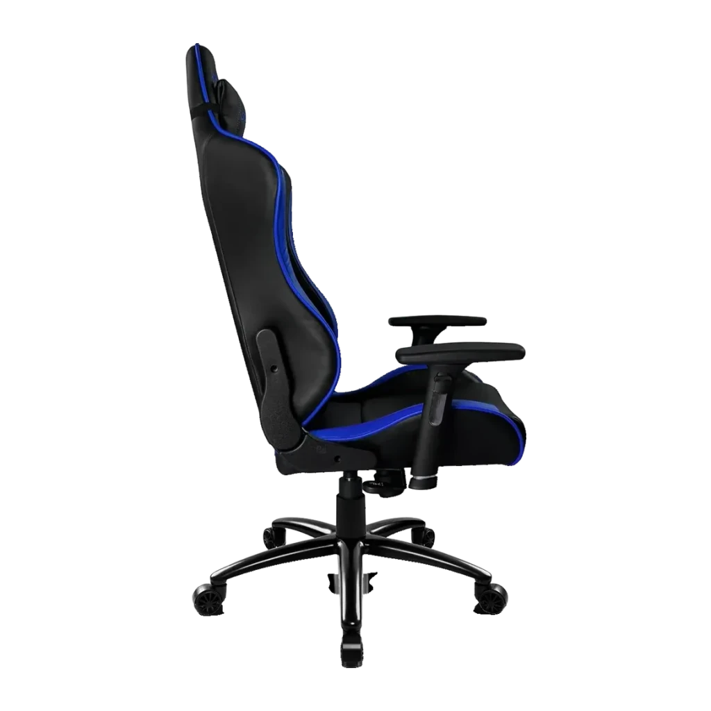 Silla Gaming DRIFT DR200 Negro/Azul PU 4D 150kg, vista trasera: perfil lateral con ribetes azules, reposabrazos 4D y base