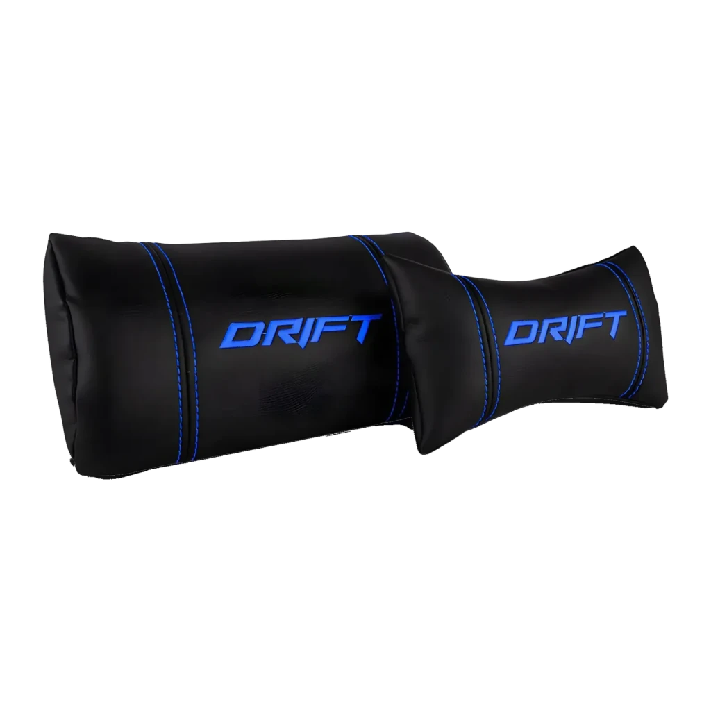 Silla Gaming DRIFT DR200 Negro/Azul PU 4D 150kg, detalle: almohadas lumbar y cervical en PU negro con logo y costuras azules