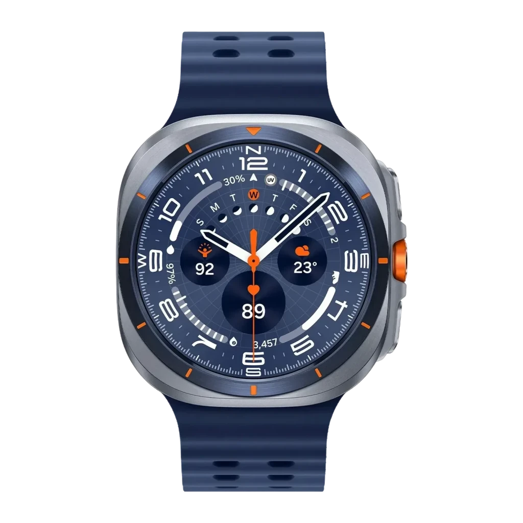 Samsung Galaxy Watch Ultra 47mm 64GB LTE eSIM Azul Titanio Tensión arterial, detalle: esfera azul con marcadores naranjas