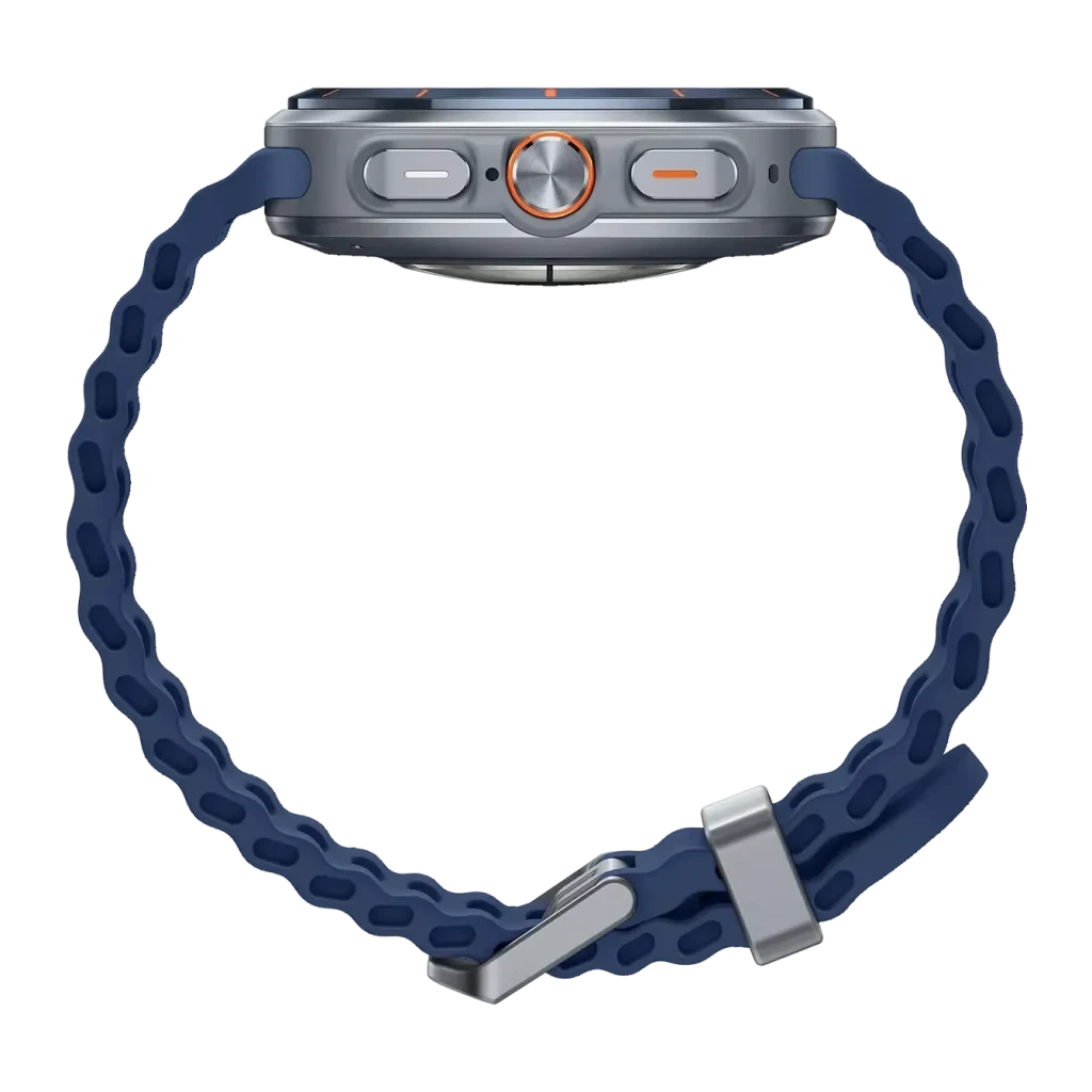 Samsung Galaxy Watch Ultra 47mm 64GB LTE eSIM Azul Titanio Tensión arterial, detalle lateral: botones naranjas y corona