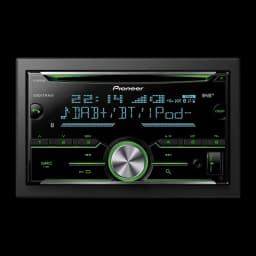 Autoradio Pioneer Noir 2DIN FH-X840DAB, vue de face: écran bleu affichant DAB+/BT/iPod et boutons rétroéclairés en vert