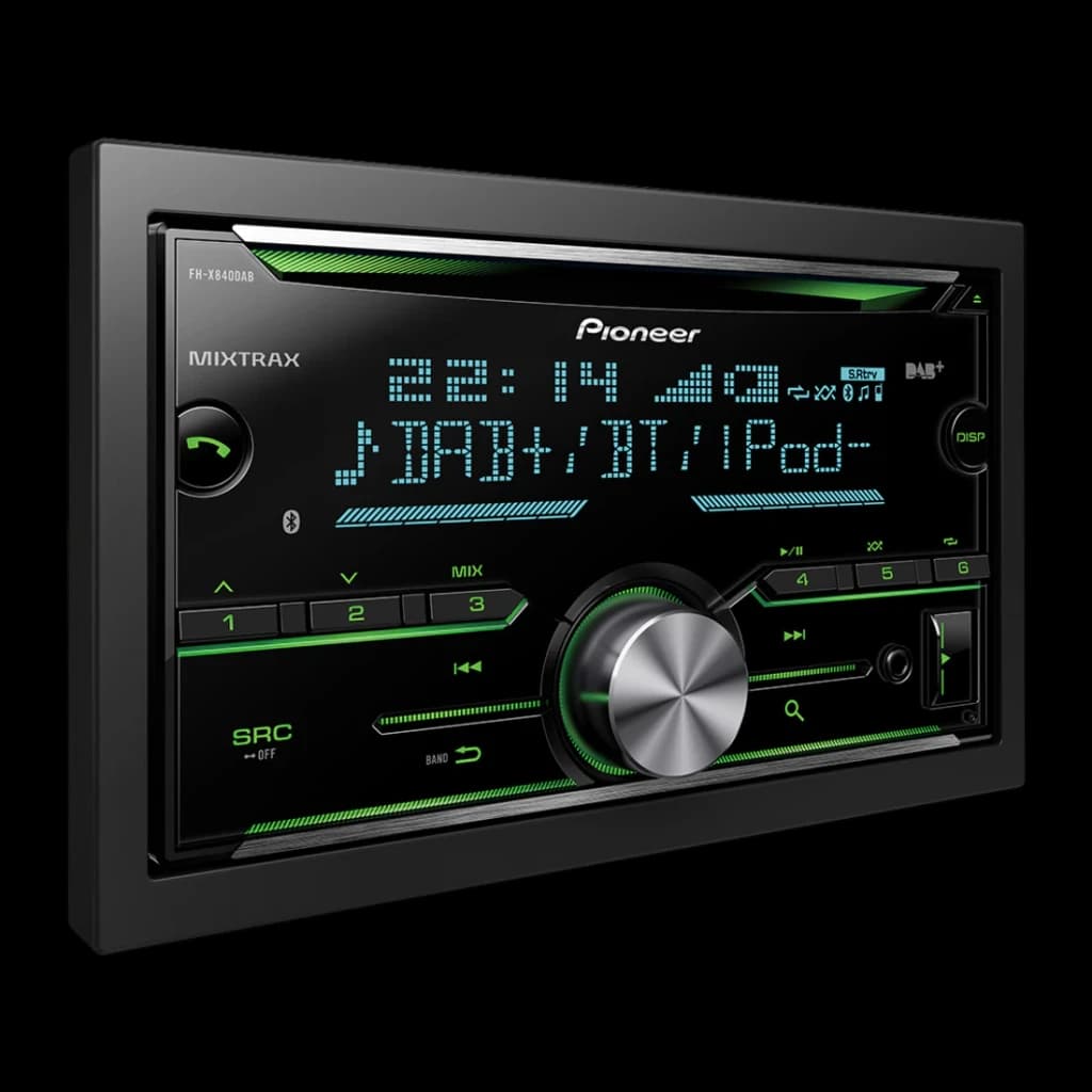 Autoradio Pioneer Noir 2DIN FH-X840DAB, détail: écran bleu affichant DAB+BT iPod et boutons rétroéclairés vert