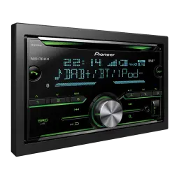 Autoradio Pioneer Noir 2DIN FH-X840DAB, détail: écran bleu affichant DAB+BT iPod et boutons rétroéclairés vert