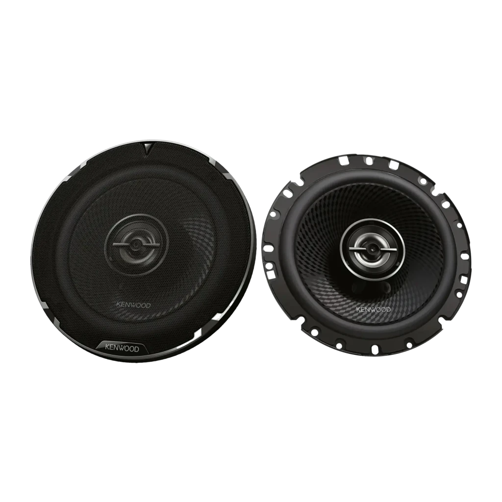 Altavoz de coche Kenwood 100W RMS Negro KFC-PS1797, vista frontal: par de altavoces, uno con rejilla y otro sin ella