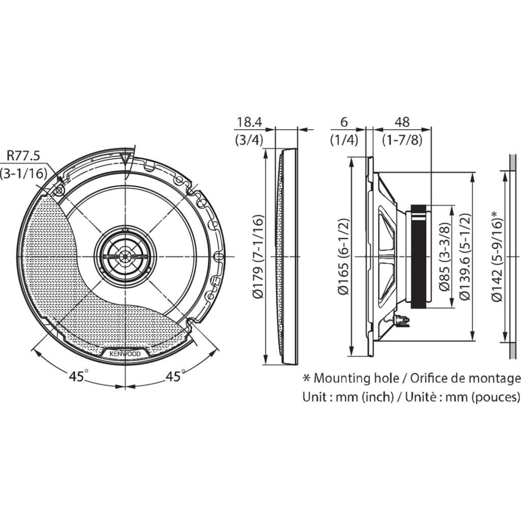 Altavoz de coche Kenwood 100W RMS Negro KFC-PS1797, diagrama técnico: vistas frontal y lateral con cotas en mm y pulgadas