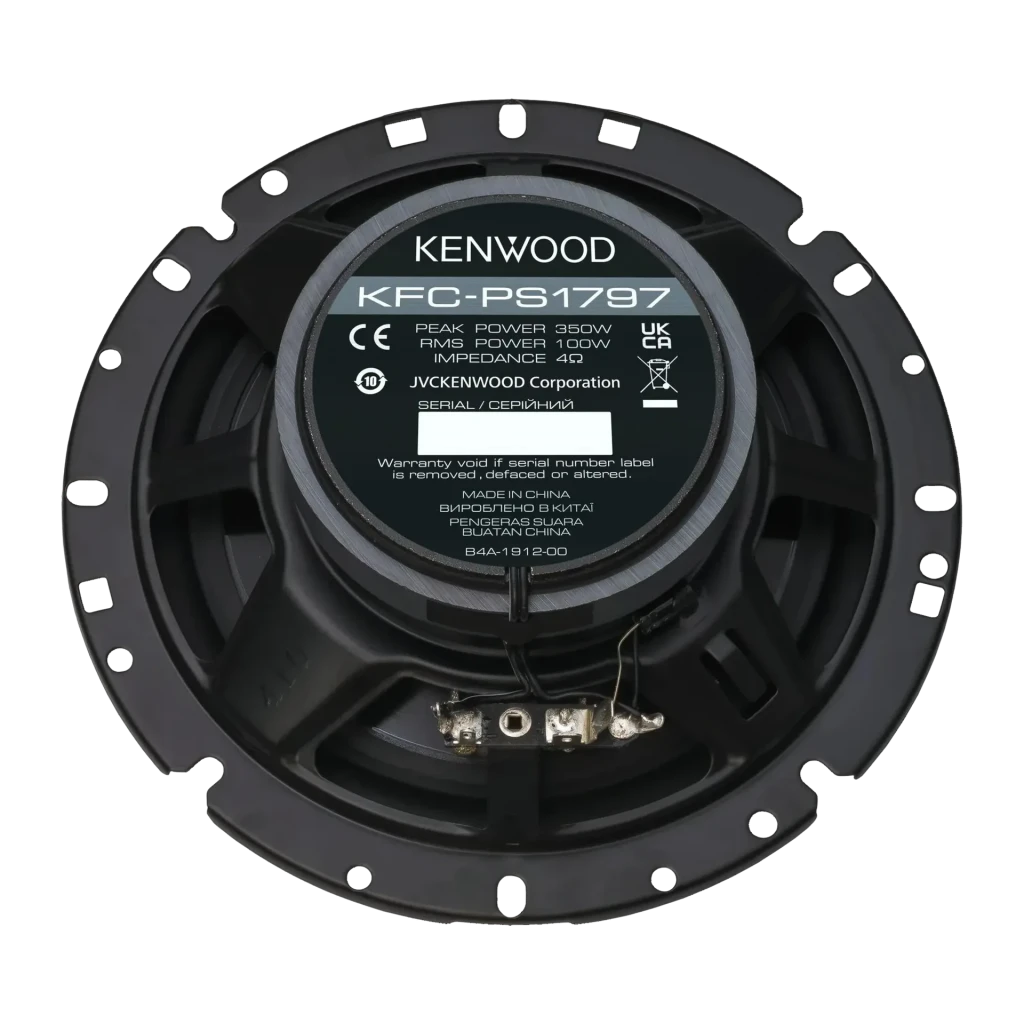 Altavoz de coche Kenwood 100W RMS Negro KFC-PS1797, vista trasera: chasis negro con etiqueta de especificaciones y terminales