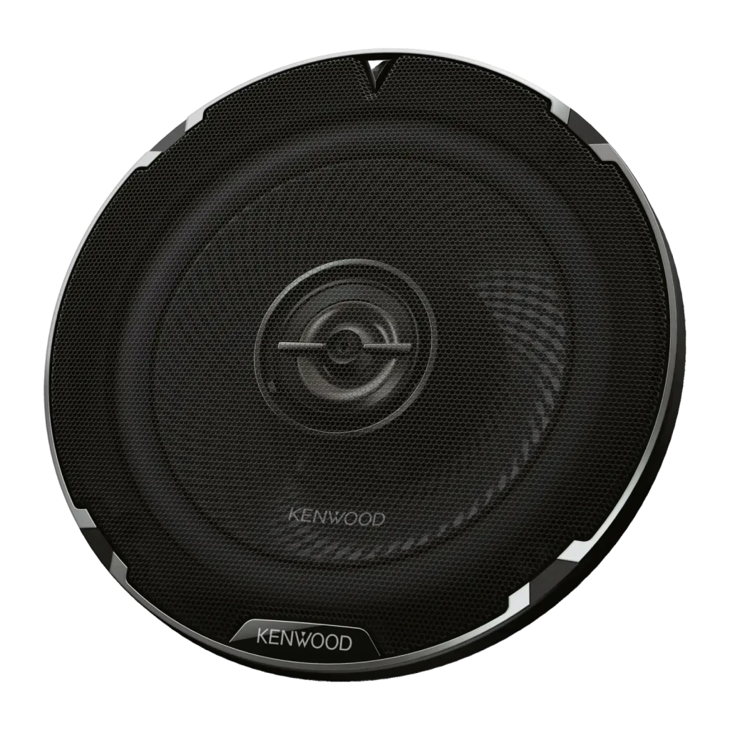Altavoz de coche Kenwood 100W RMS Negro KFC-PS1797, detalle: rejilla frontal circular con logo Kenwood y marco plateado