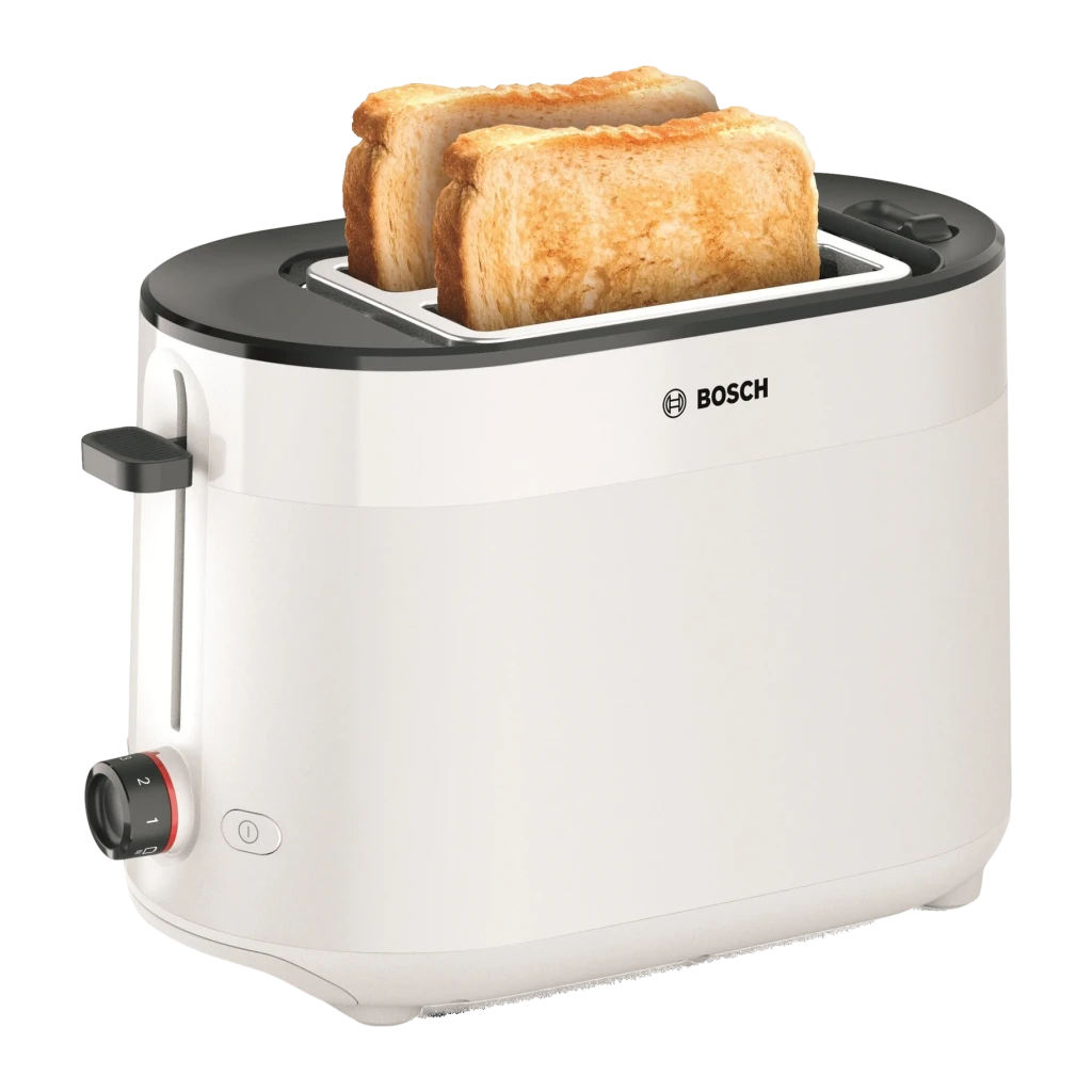 Torradeira Bosch MyMoment 950W 2 Ranhuras Branco TAT2M121, detalhe: duas fatias tostadas, seletor de nível e botão de ligar