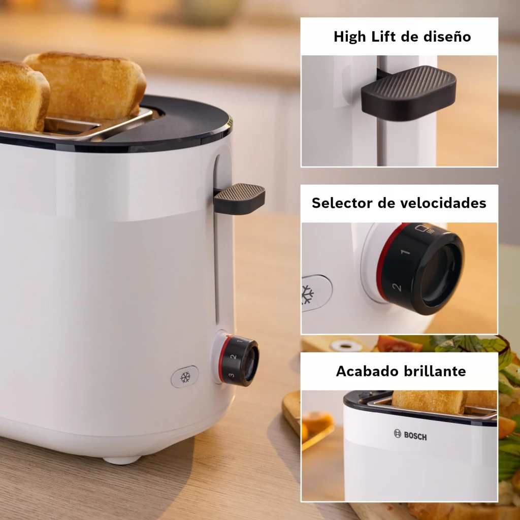 Torradeira Bosch MyMoment 950W 2 Ranhuras Branco TAT2M121, detalhe: High Lift, seletor de tostagem e acabamento brilhante
